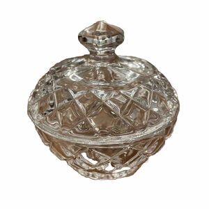 Vintage Diamond Cut Glass Covered Candy Trinket Dish